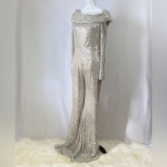 Mac Duggal Ieena Sequin One-Shoulder Long-Sleeve Jumpsuit size 8 - Picture 5 of 11